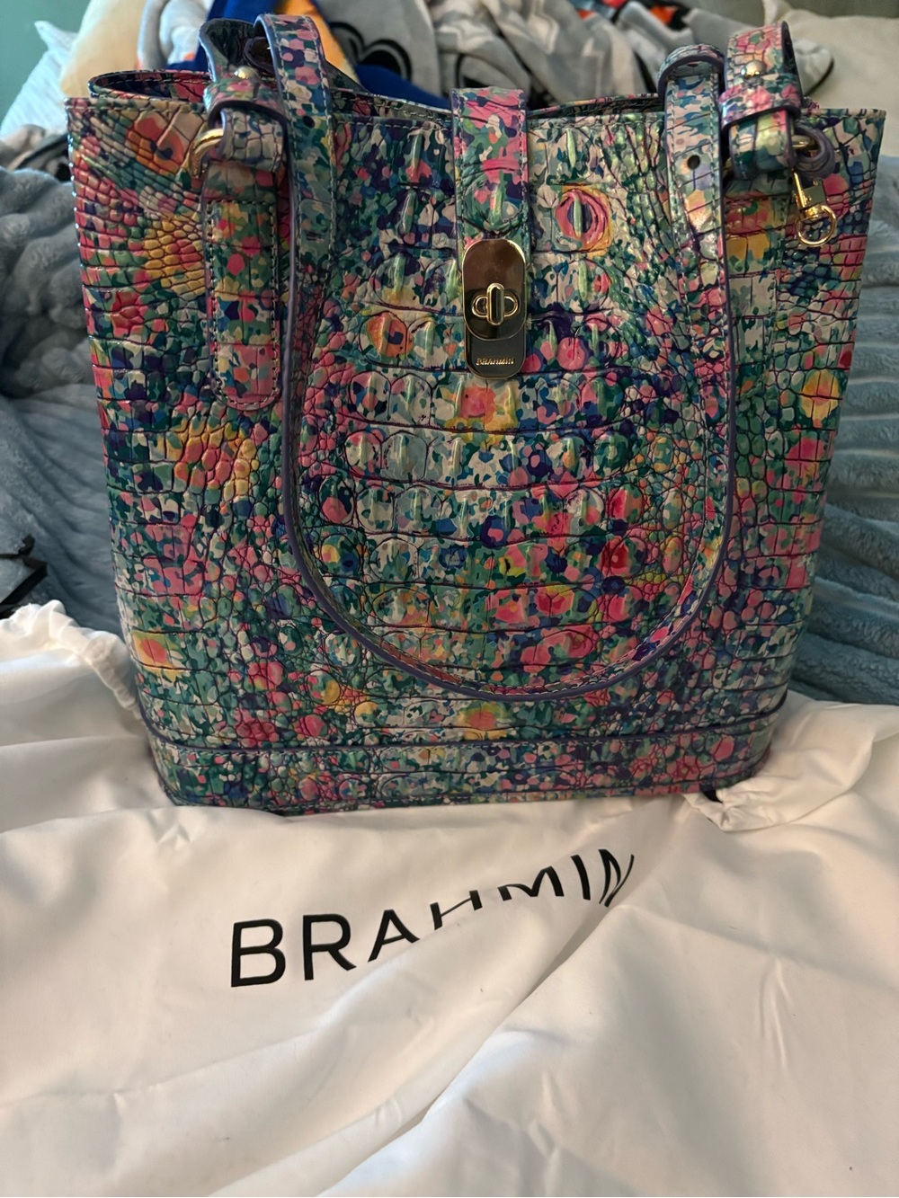 Brahmin Multicolor Floral Croc-Embossed Shoulder Tote - Picture 1 of 7